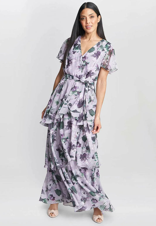 Gina Bacconi Ruby Printed Tiered Maxi Dress With Belt