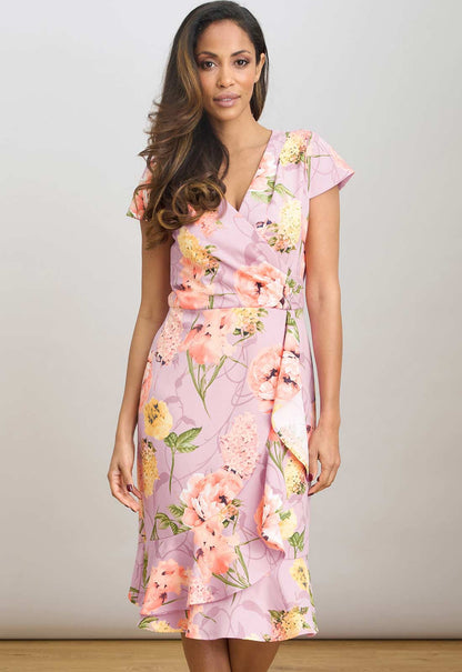 Gina Bacconi PINK Marlena Cap Sleeve Ruffle Print Dress