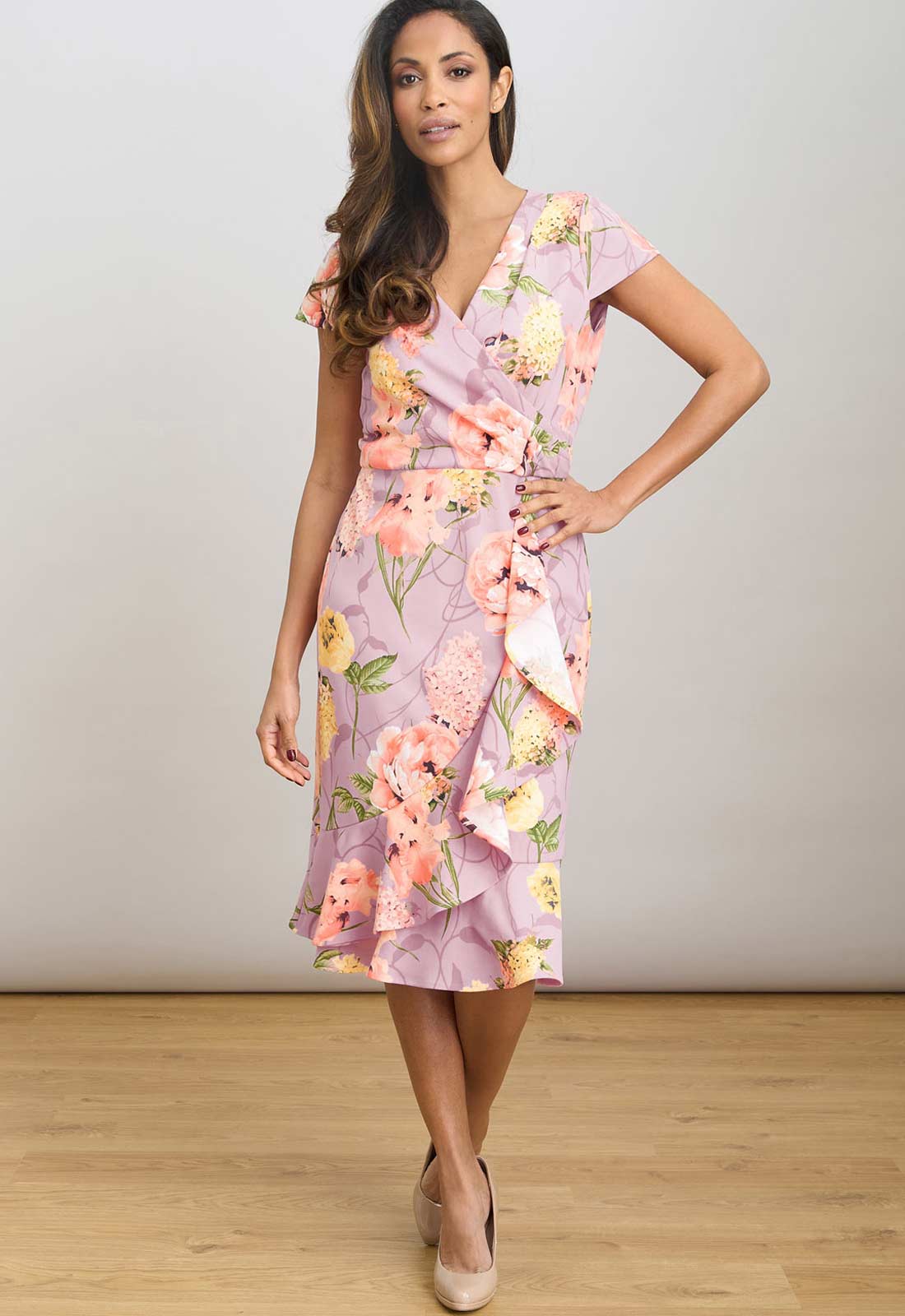Gina Bacconi PINK Marlena Cap Sleeve Ruffle Print Dress