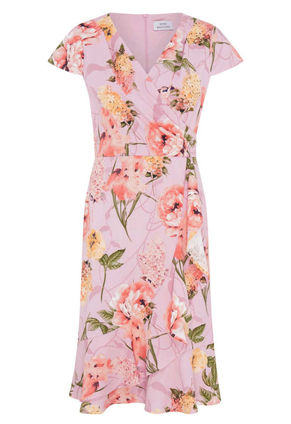 Gina Bacconi PINK Marlena Cap Sleeve Ruffle Print Dress