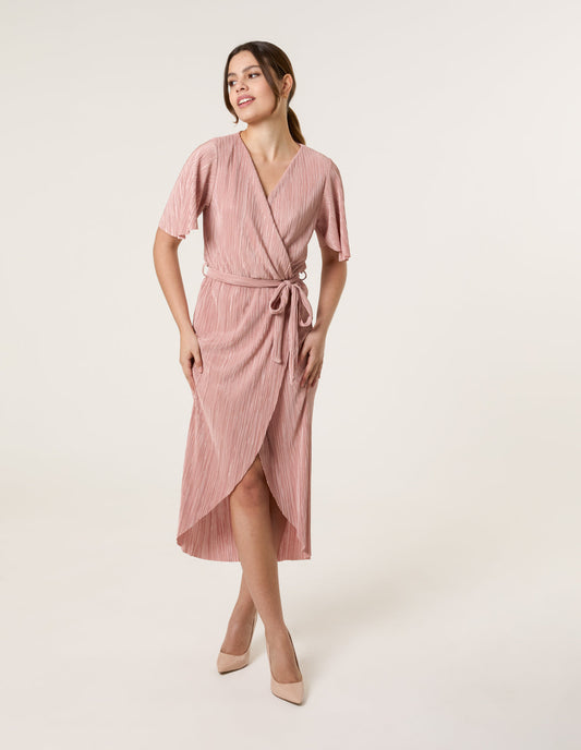 Plisse Wrap Over Midi Dress