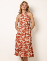 Blurred Tiered Halter Neck Midi Dress