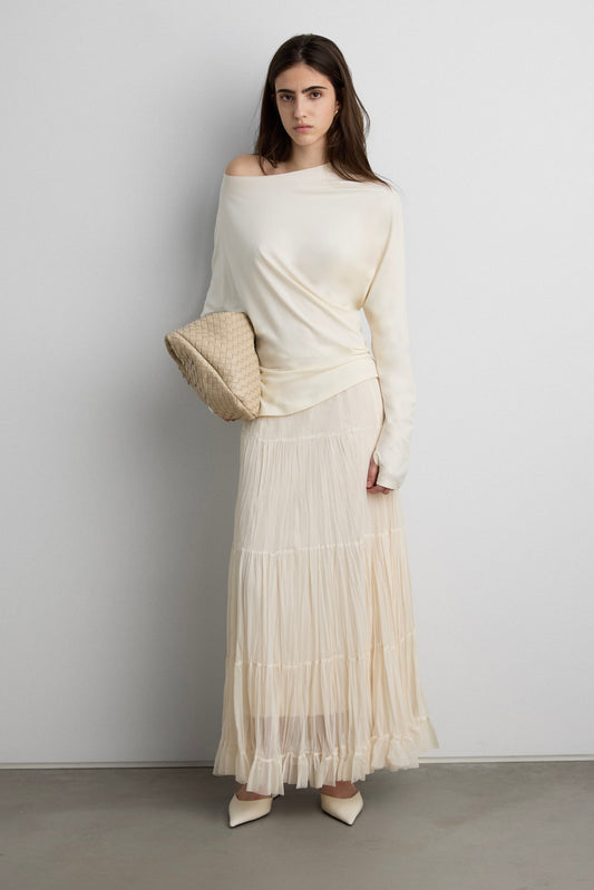 TIERED PLEATED MESH MAXI SKIRT