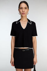CROPPED COLLARED V-NECK SHORT SLEEVE SWEATER