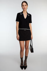 CROPPED COLLARED V-NECK SHORT SLEEVE SWEATER