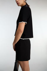 CROPPED COLLARED V-NECK SHORT SLEEVE SWEATER