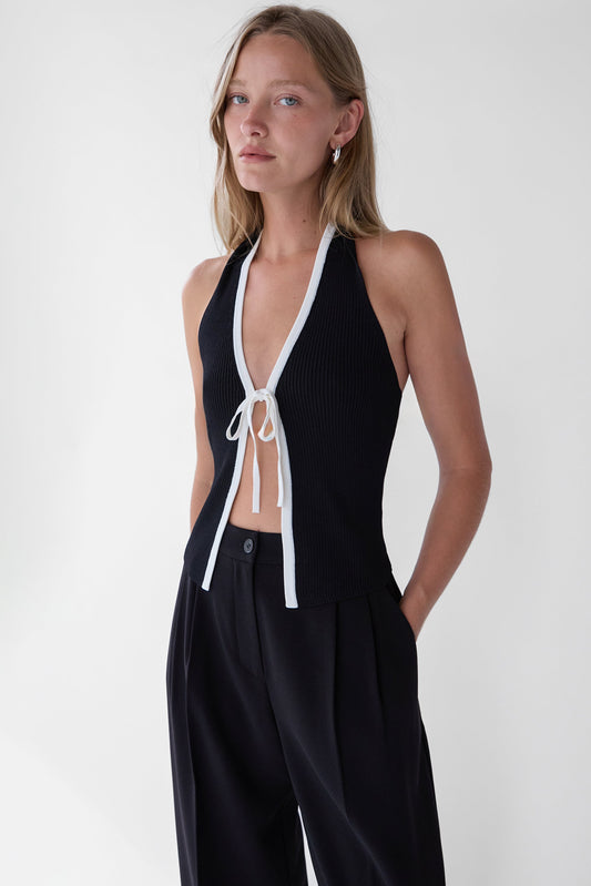 KNIT HALTER TOP WITH CONTRAST BOW