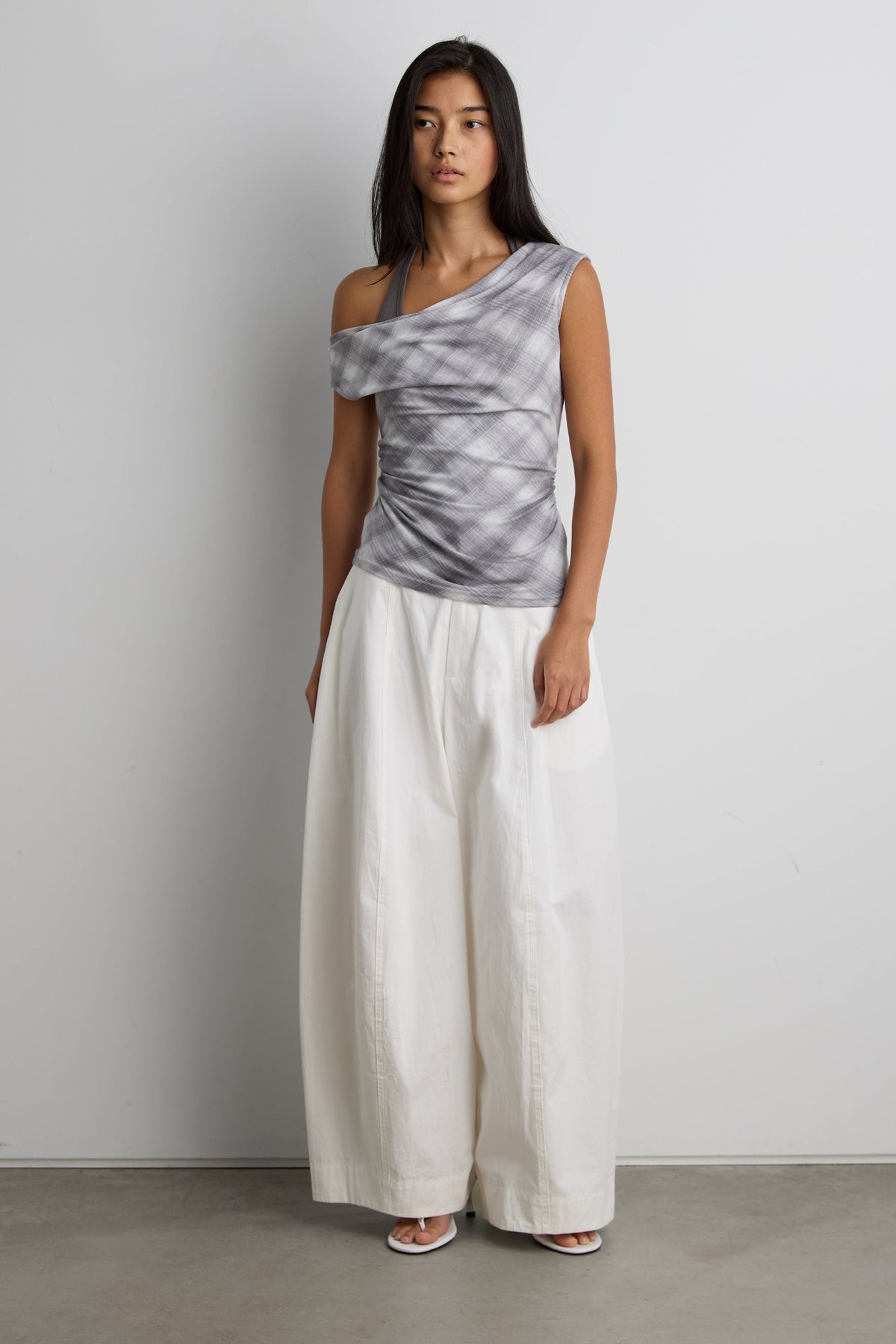 DRAPED CHECKERED COWL NECK TOP