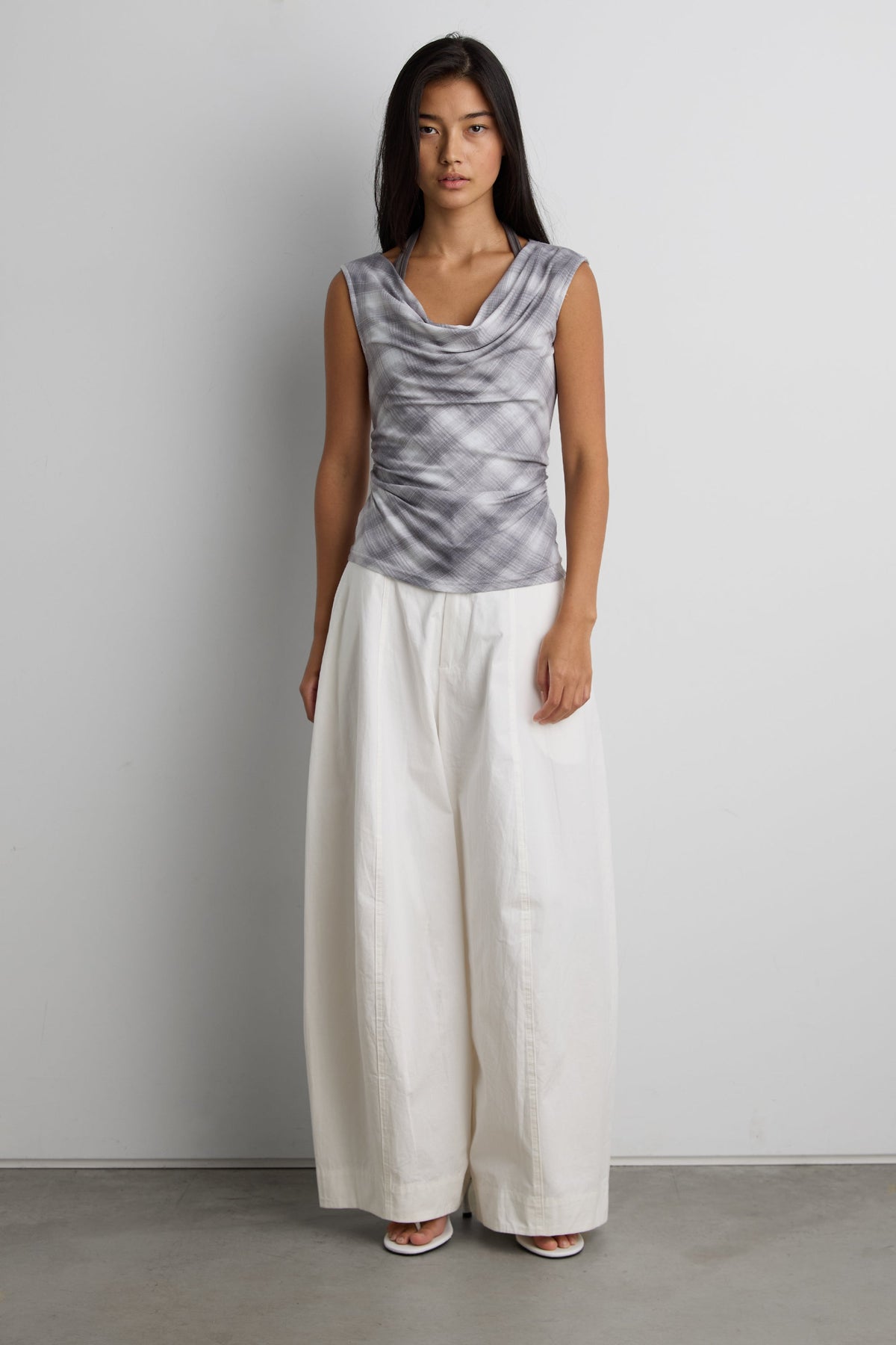 DRAPED CHECKERED COWL NECK TOP