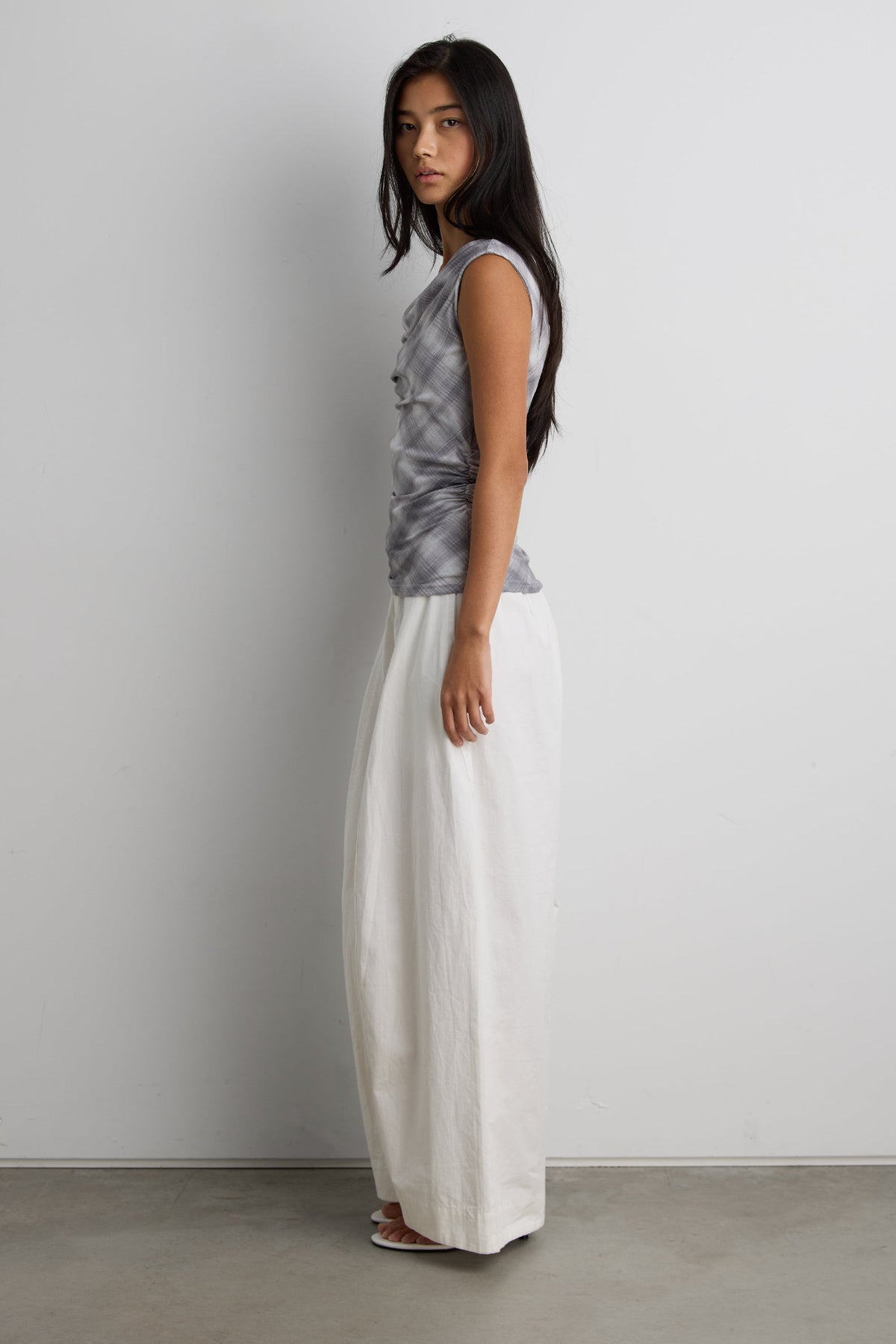 DRAPED CHECKERED COWL NECK TOP