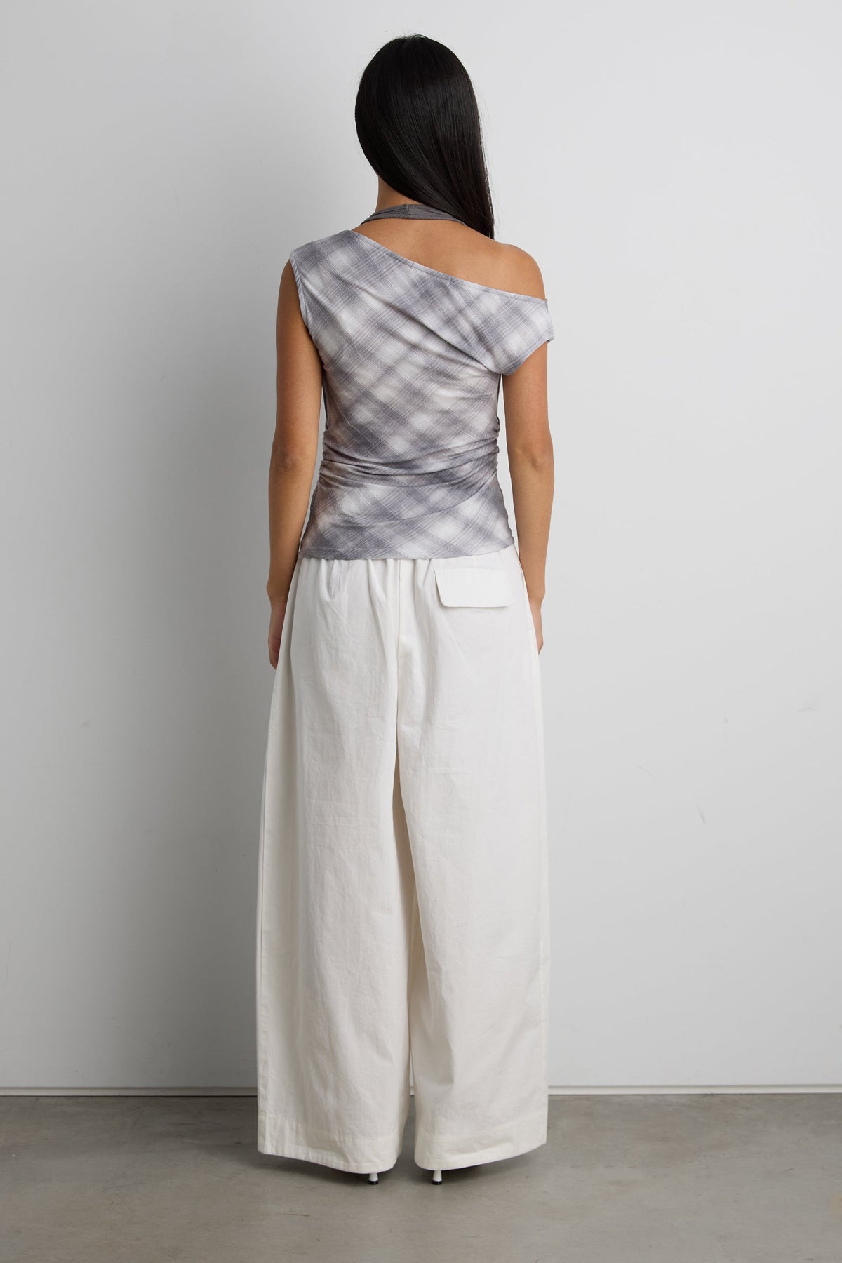DRAPED CHECKERED COWL NECK TOP