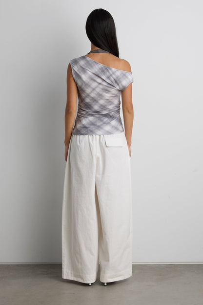 DRAPED CHECKERED COWL NECK TOP