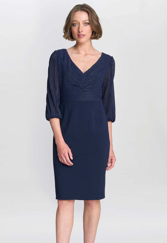 Gina Bacconi Navy Britney Metallic Pleated Bodic Dress