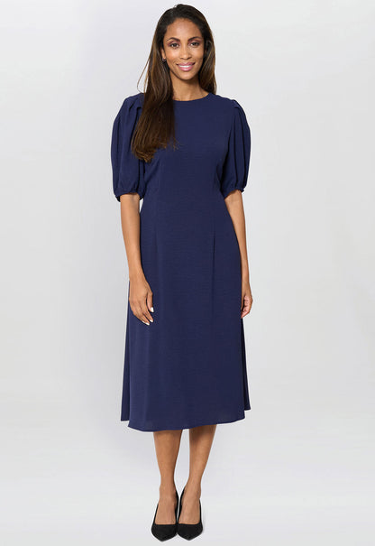 Gina Bacconi Navy Flora Puff Sleeve Midi Dress