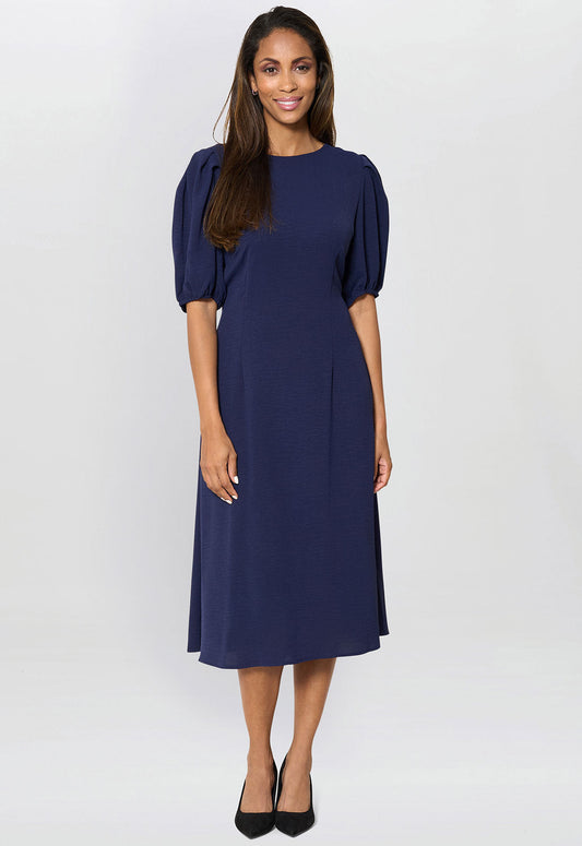 Gina Bacconi Navy Flora Puff Sleeve Midi Dress