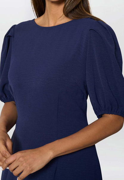Gina Bacconi Navy Flora Puff Sleeve Midi Dress