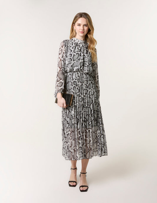 Snakeskin High Neck Pleat Dress