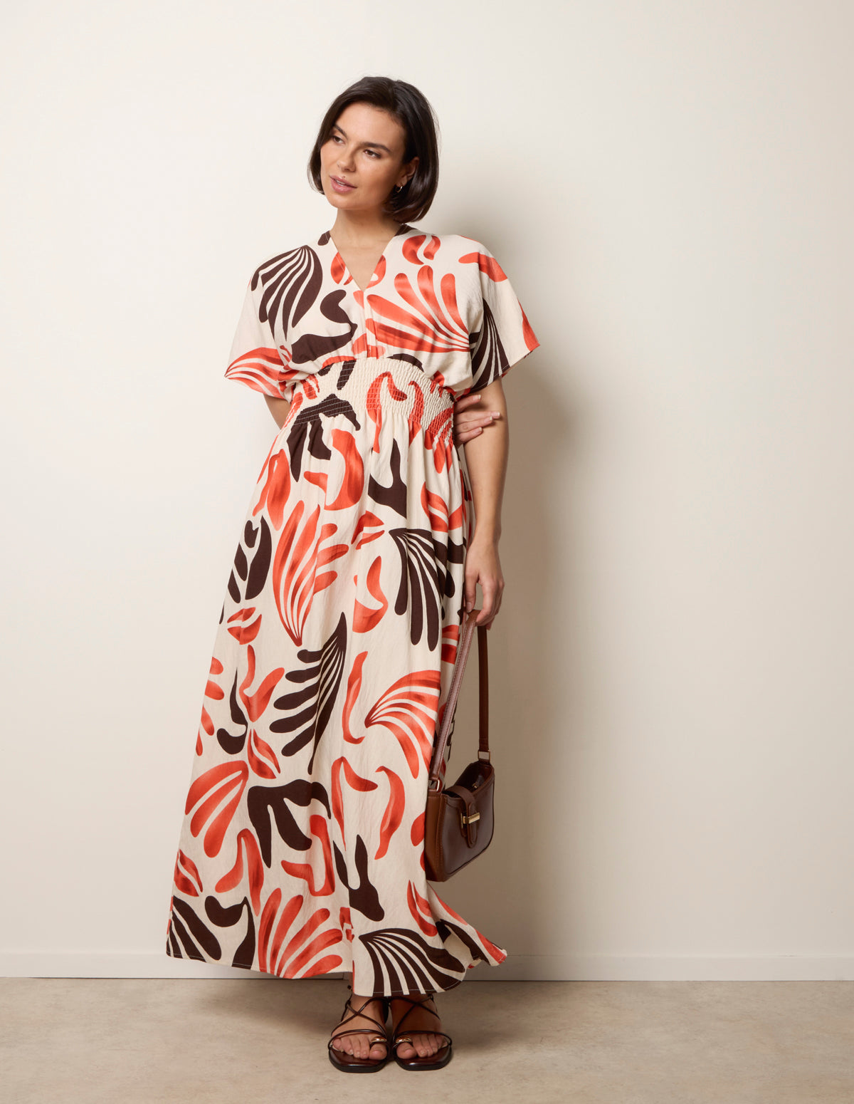 V Neck Abstract Leaf Print Dress