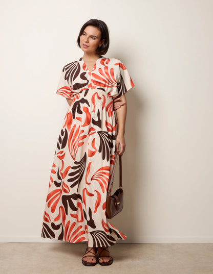 V Neck Abstract Leaf Print Dress