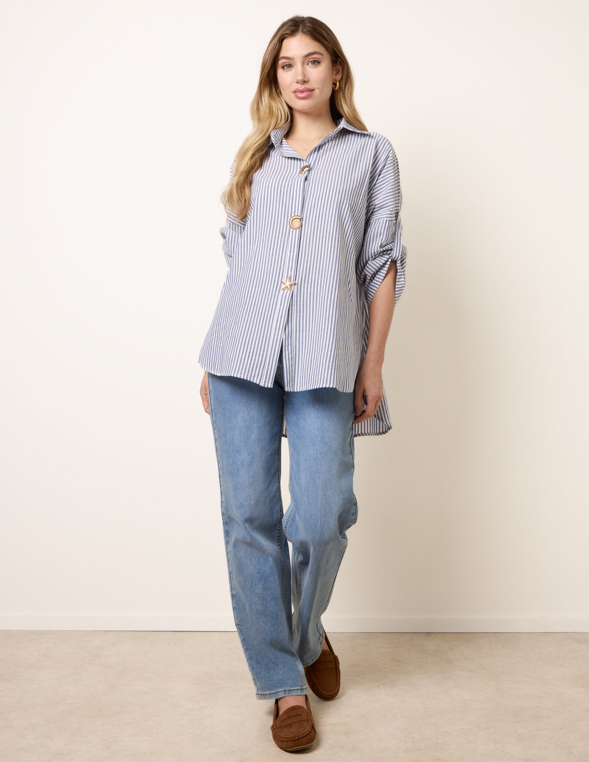 Gold Shell Button Front Stripe Shirt