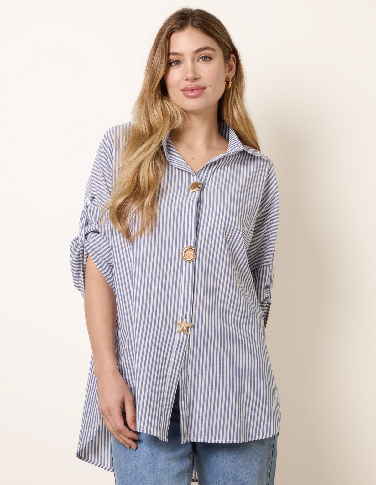 Gold Shell Button Front Stripe Shirt