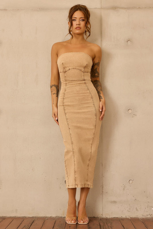 Curve Appeal Denim Midi Dress - Tan