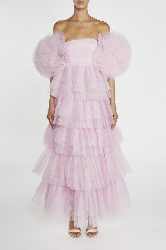 true Decadence Nancy Powder-Pink 3D Flower Sleeve Tiered Maxi Dress
