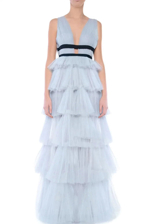 True Decadence Eliza Dusty Blue Plunging Neck Layered Tulle Skirt Maxi-Dress