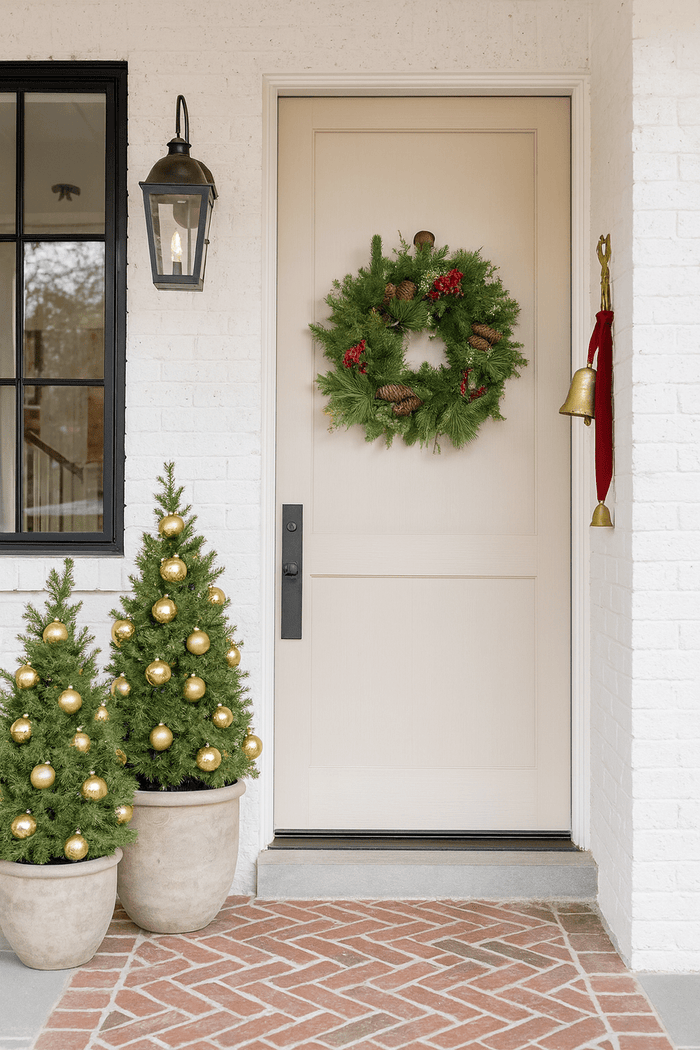 Christmas wreath with red berries and pinecones on a front door with christmas decorations