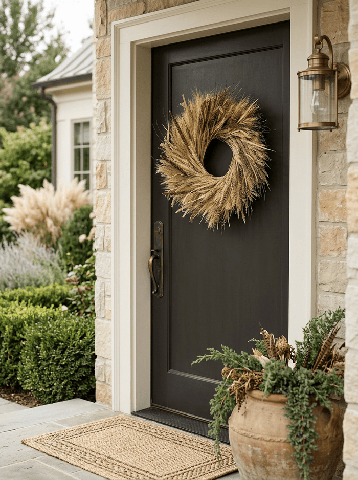 H Potter Golden prairie dried wreath on brown front entryway door