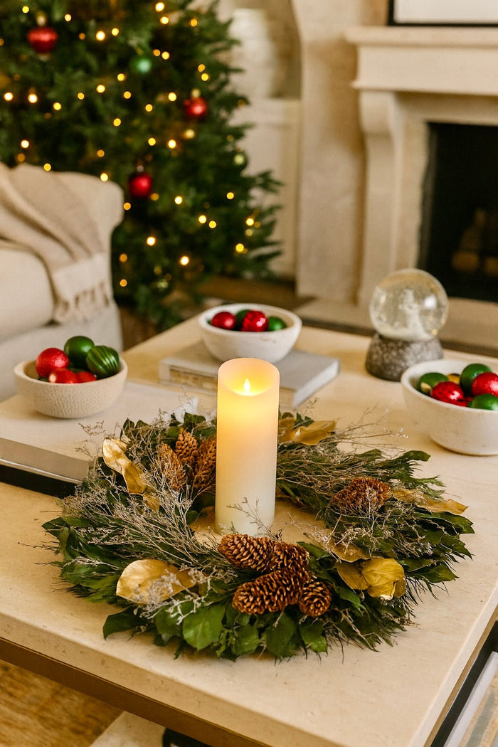 Christmas wreath table setting with a candle in the middle in a living room