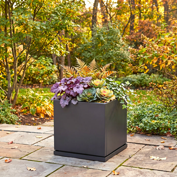 H Potter 17" Square Metal Planter – Gray Indoor Outdoor Planter with Drip Tray