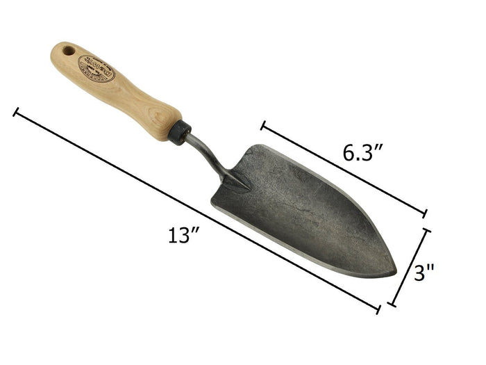 metal gardening trowel with wooden handle on a white background with measurements