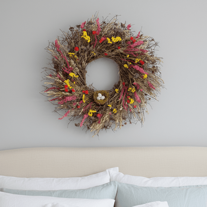 decorative spring wreath, pink and yellow botanicals with birds nest above bed