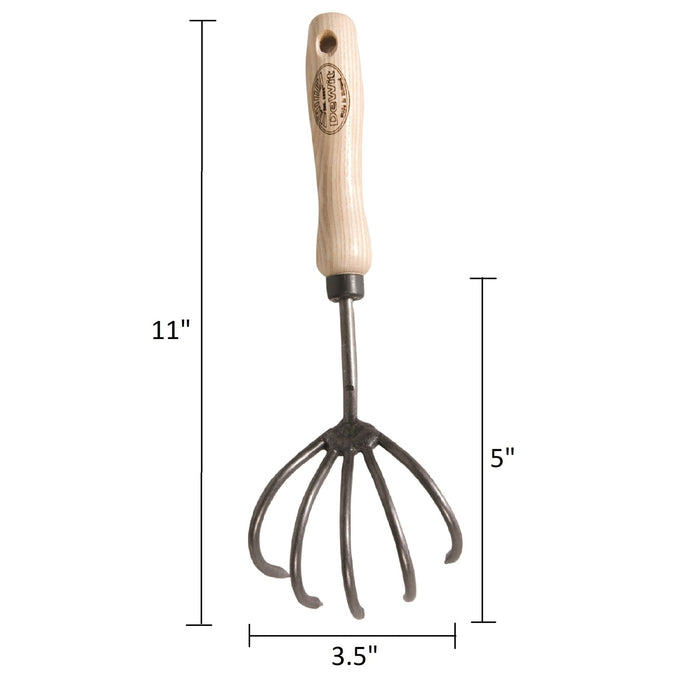 H Potter × DeWit forged 5-tine cultivator on white background with measurements showing 11-inch length and 3.5-inch width