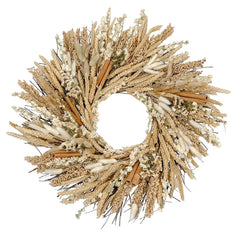 h potter brand dried floral wreath made from wheat stalks, small white flowers, cinnamon sticks, and natural twigs, shown on a plain white background.