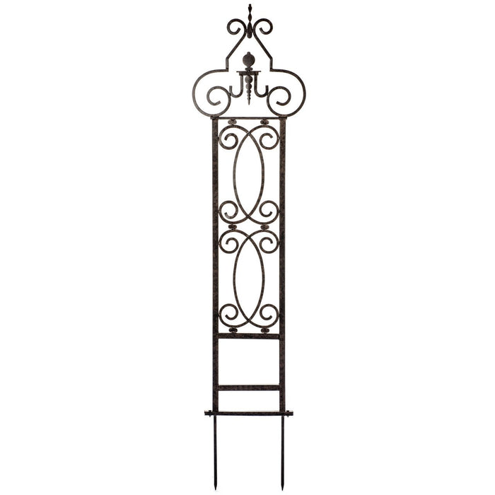 Front angle—powder-coated metal resists rust; do metal trellises last? Yes, with care and drainage