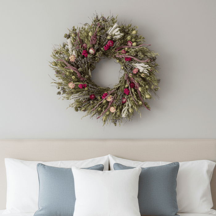 floral spring wreath, botanicals and greenery above a bed
