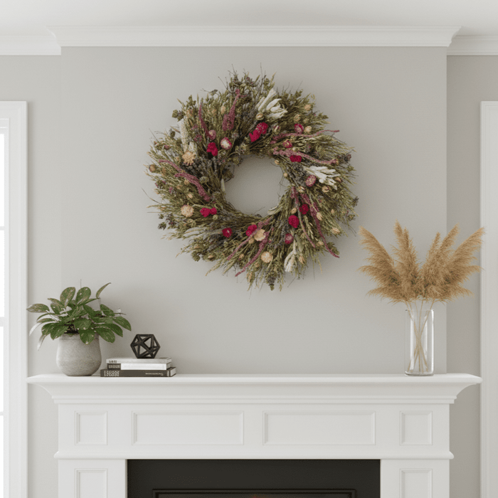 decorative spring botanical wreath above a white mantel