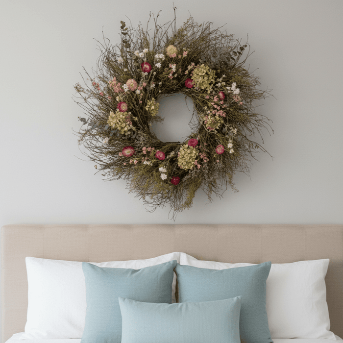 decorative spring botanical wreath, bright pink and green florals above a bed