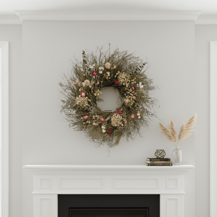 spring botanical wreath with pink flowers and greenery above a white mantel