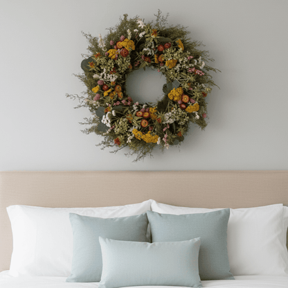 floral spring wreath above a bed
