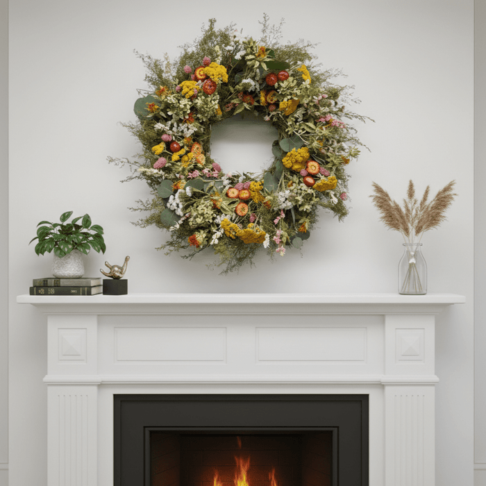 floral spring wreath with pink and yellow flowers above a white mantel