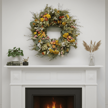 floral spring wreath with pink and yellow flowers above a white mantel