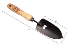 metal gardening trowel with bottle opener and wooden handle on a white background with measurements