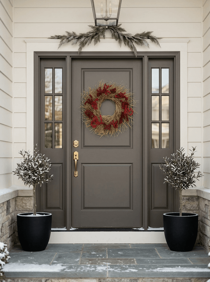 H Potter crimson gold wreath at front entryway with a dark gray double door and matching side panels, decorated with a red berry wreath on the center door, a green garland above, and two potted snow-dusted plants on either side.