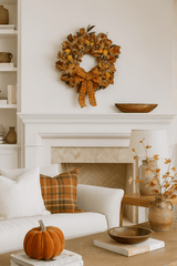 H Potter abundant autumn wreath in a living room with a fireplace decorated for fall, featuring a wreath, pumpkins, and autumn-themed decor.