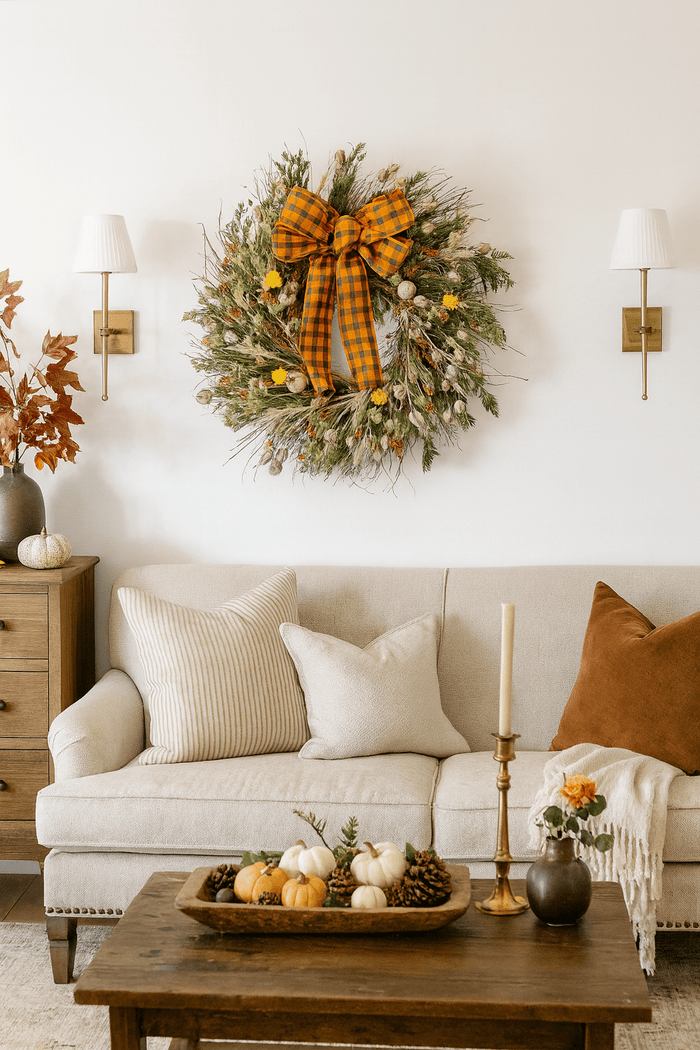 H Potter autumn bramble wreath with bow in living room—handmade dried botanicals: twigs, cedar, wheat, safflower, poppy pods