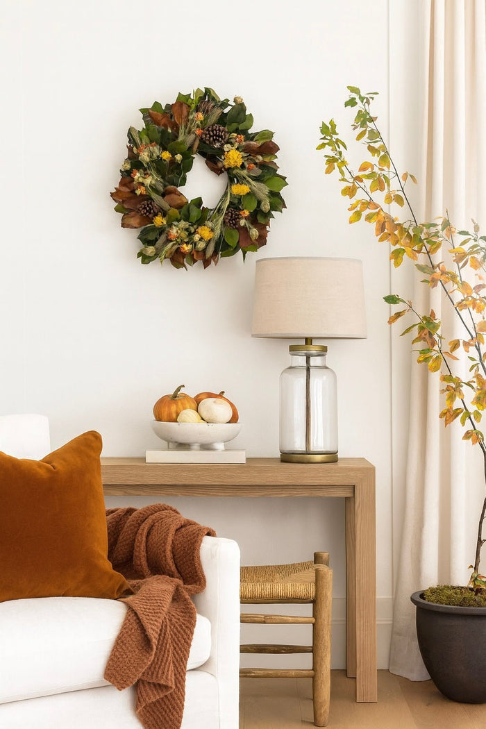 Preserved botanical wreath—indoor décor; salal, wheat, yarrow, nigella, safflower, pine cones; handmade locally for H Potter