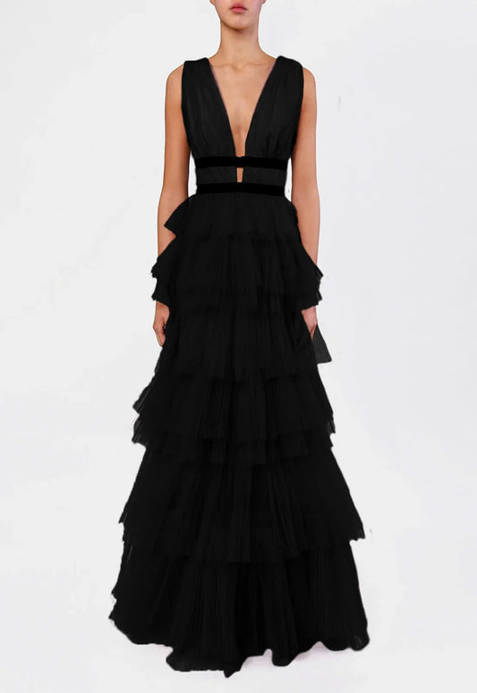 True Decadence Black Layered Tulle Maxi Dress